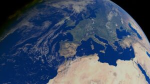 A breathtaking satellite view of Earth focusing on Europe and Africa, showcasing the blue oceans and landmass contrast.
