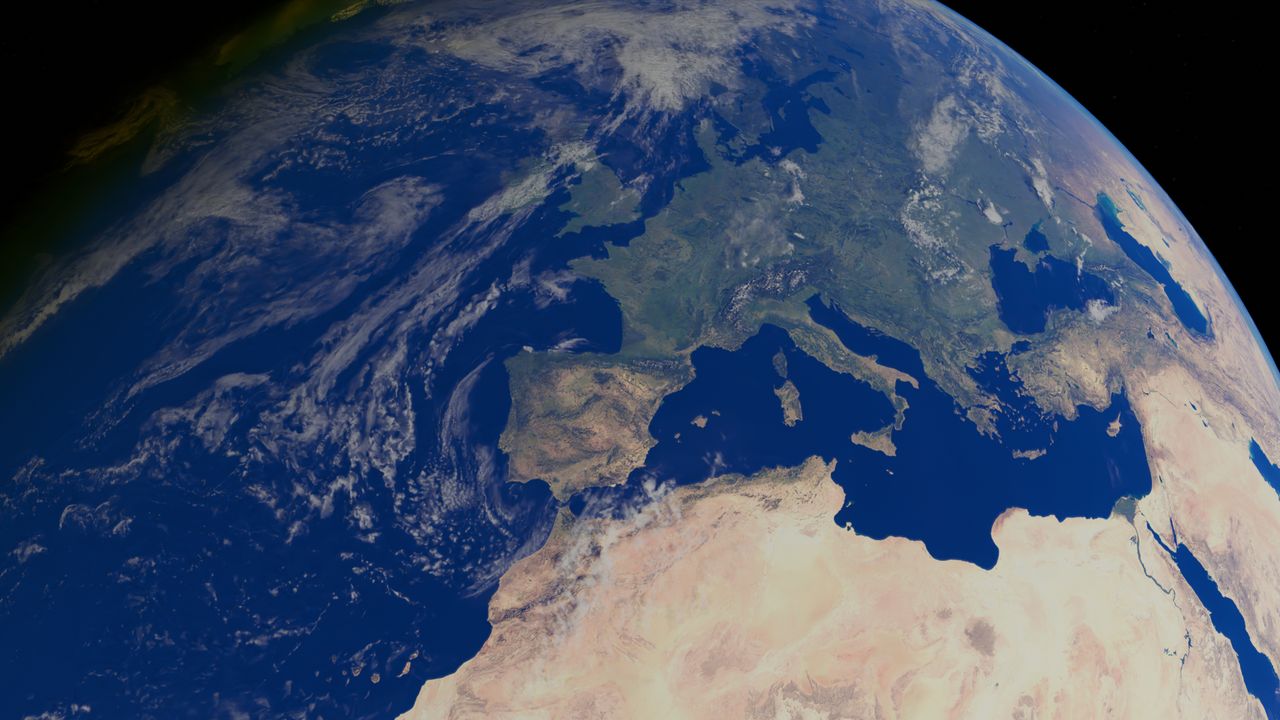 A breathtaking satellite view of Earth focusing on Europe and Africa, showcasing the blue oceans and landmass contrast.