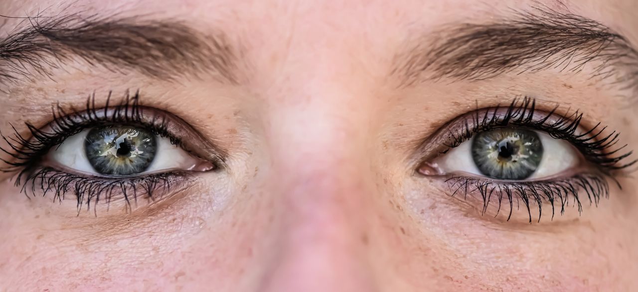 Detailed close-up of human eyes with reflections, showcasing lashes and eyebrows.